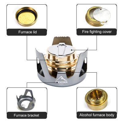 Shiny gold-colored furnace lid, replacement fire fighting cover, furnace bracket, and alcohol furnace body components for portable camping and outdoor heating.