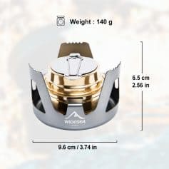 Lightweight portable camping stove with windscreen, ideal for outdoor cooking and backpacking trips. 140g weight, compact size, durable stainless steel and aluminum construction, perfect for camping and hiking gear.