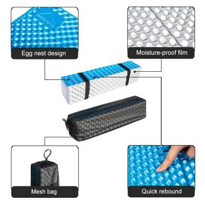 Egg nest design sleep mattress with moisture-proof film and quick rebound features for enhanced comfort and support. Includes mesh bag for convenient storage and transportation.