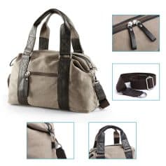 Duffel bag with leather accents, adjustable shoulder strap, and multiple compartments, perfect for travel and gym. Stylish and durable, ideal for carrying sports gear or personal belongings.