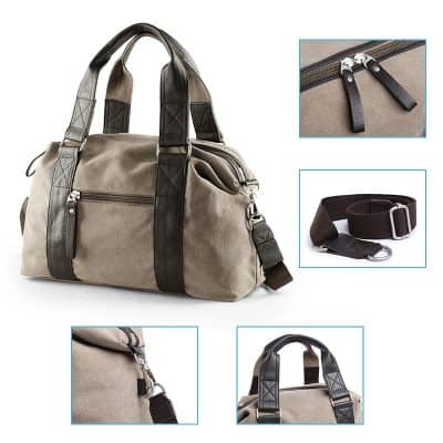 Duffel bag with leather accents, adjustable shoulder strap, and multiple compartments, perfect for travel and gym. Stylish and durable, ideal for carrying sports gear or personal belongings.