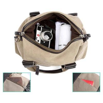 Spacious beige travel bag with multiple compartments for optometry accessories and personal items. Perfect for storing glasses, lenses, and related gear for opticians and eyewear professionals.