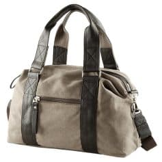Durable beige travel bag with black leather accents, zipper compartments, and adjustable shoulder strap, perfect for stylish and functional carry-on luggage.