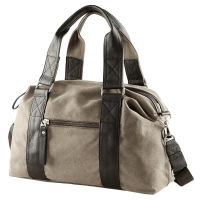 Durable beige travel bag with black leather accents, zipper compartments, and adjustable shoulder strap, perfect for stylish and functional carry-on luggage.