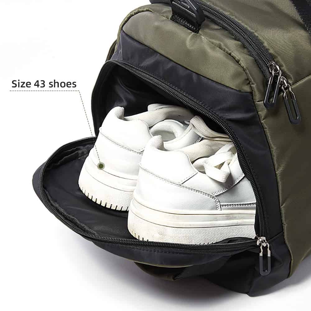 White sneakers packed in a green and black Monalisa store backpack, showcasing stylish travel and storage solutions for footwear.