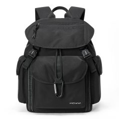 Durable black backpack with multiple compartments, ideal for travel and daily use, featuring secure zipper closures and adjustable straps for comfort and convenience.