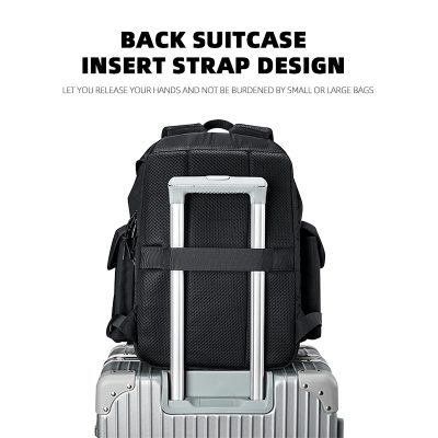Black travel backpack with insert strap design for easy airline carry-on compatibility, ideal for business and personal travel. Durable material with multiple pockets for organized packing.