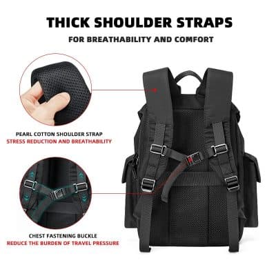 Comfortable black backpack with thick shoulder straps and chest fastening buckle for optimal travel support and breathability. Ideal for travel, school, or outdoor adventures.