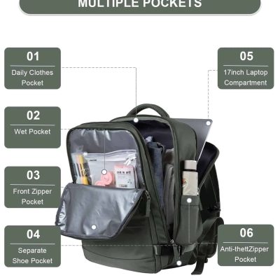 Backpack with multiple pockets for travel and daily use, ideal for organizing clothes, tech gear, shoes, and accessories.