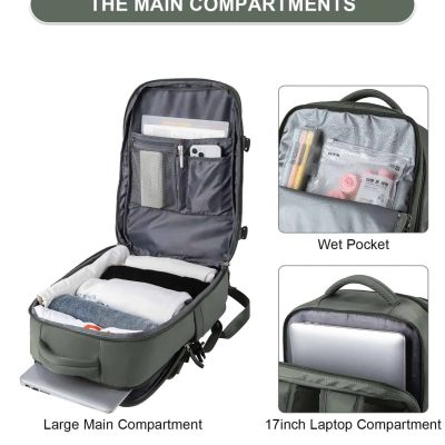 Portable travel backpack with multiple compartments and wet pocket for organizing travel essentials and electronics.