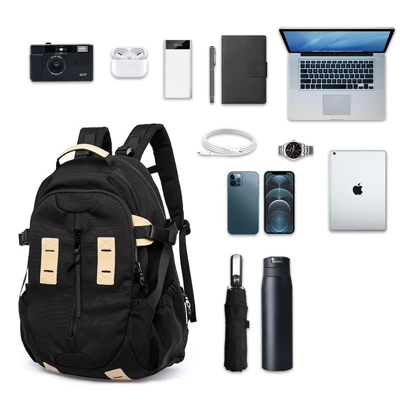 Portable tech gadgets and accessories for travel, including a camera, wireless earbuds, power banks, laptop, smartphone, backpack, water bottle, and more, ideal for tech-savvy professionals.