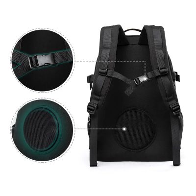 Black backpack with built-in Bluetooth speaker for portable music, outdoor activities, and travel. Features adjustable straps, high-quality sound, and sleek design for versatile use.