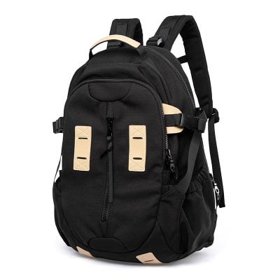 Durable black backpack with beige accents, multiple compartments, and adjustable straps, ideal for carrying essentials and medical supplies for healthcare professionals and students.