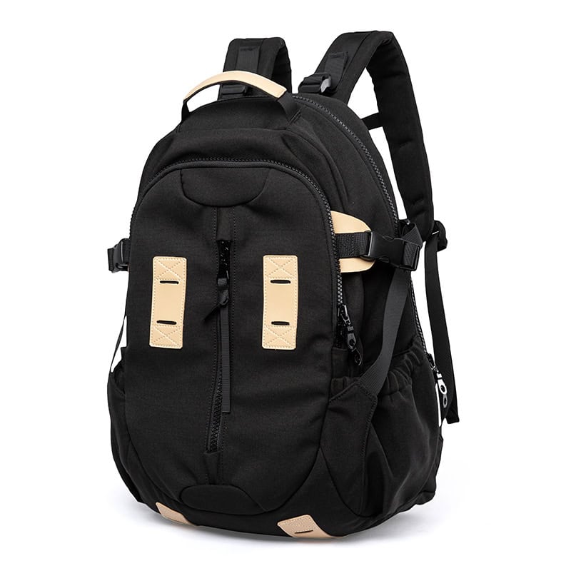 Durable black backpack with beige accents, multiple compartments, and adjustable straps, ideal for carrying essentials and medical supplies for healthcare professionals and students.