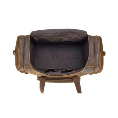 Stylish brown leather travel duffel bag with multiple compartments for men and women, ideal for gym, weekend trips, and luggage. Durable design with spacious interior and secure zippers.