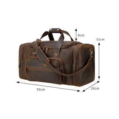 Durable brown leather travel bag with multiple compartments, perfect for business trips and weekend getaways. Dimensions: 58cm x 28cm x 31cm, designed for maximum storage and style.