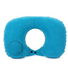 Inflatable travel pillow with built-in massager for neck support, blue memory foam cushion, portable ergonomic design for travel comfort and relaxation, ideal for cars, planes, and long trips.