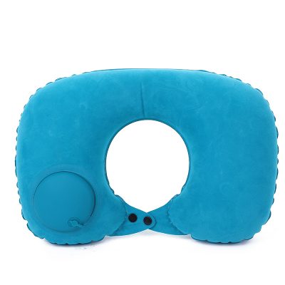 Inflatable travel pillow with built-in massager for neck support, blue memory foam cushion, portable ergonomic design for travel comfort and relaxation, ideal for cars, planes, and long trips.