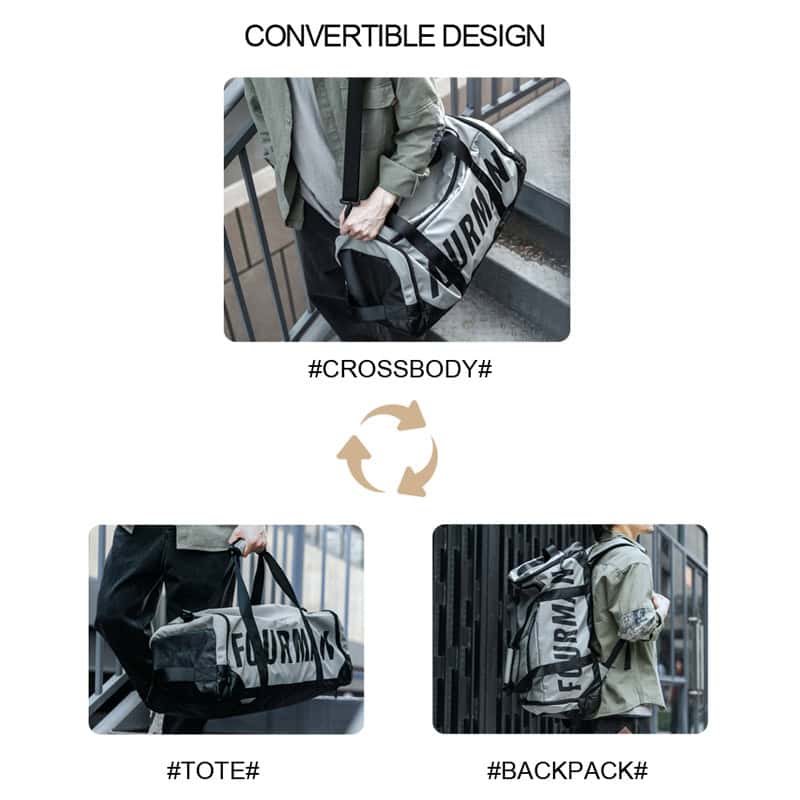 Lightweight, convertible sports gym bag with bold "FURM" print, stylish and functional for travelers and gym enthusiasts, made from durable materials.