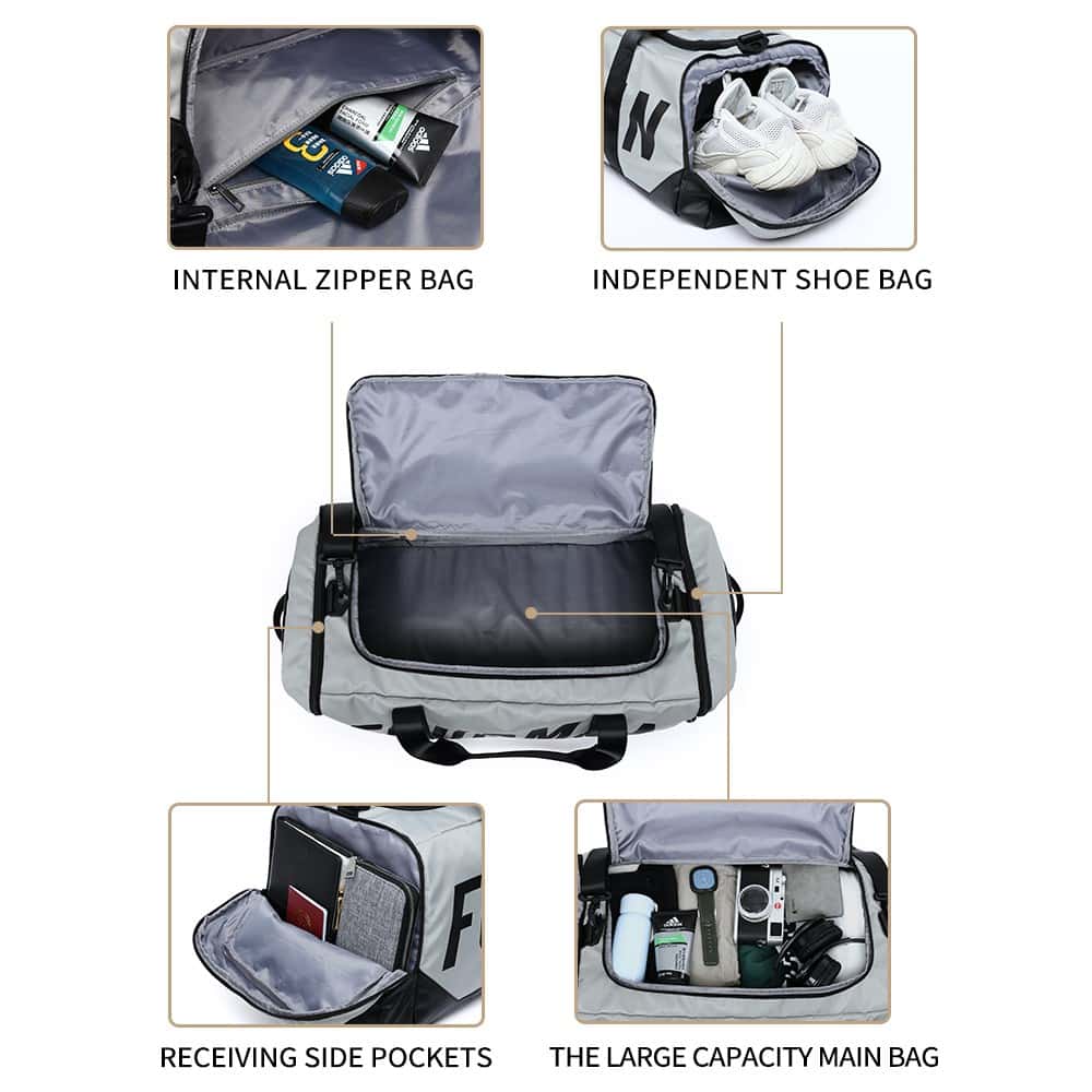 Waterproof travel gym bag with multiple compartments for easy organization and storage. Ideal for gym, travel, and sports accessories. Features internal zipper bag, independent shoe bag, and side pockets.