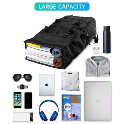 Stylish black travel bag packed with clothes, gadgets, and accessories for convenience and large capacity. Perfect for business trips or vacations, ensuring all essentials are organized and easily accessible.