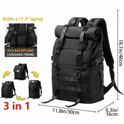 Backpack designed for travel and work, features a laptop compartment for 17.3-inch laptops, luggage fixing strap, and multiple storage pockets, ideal for professionals and travelers.