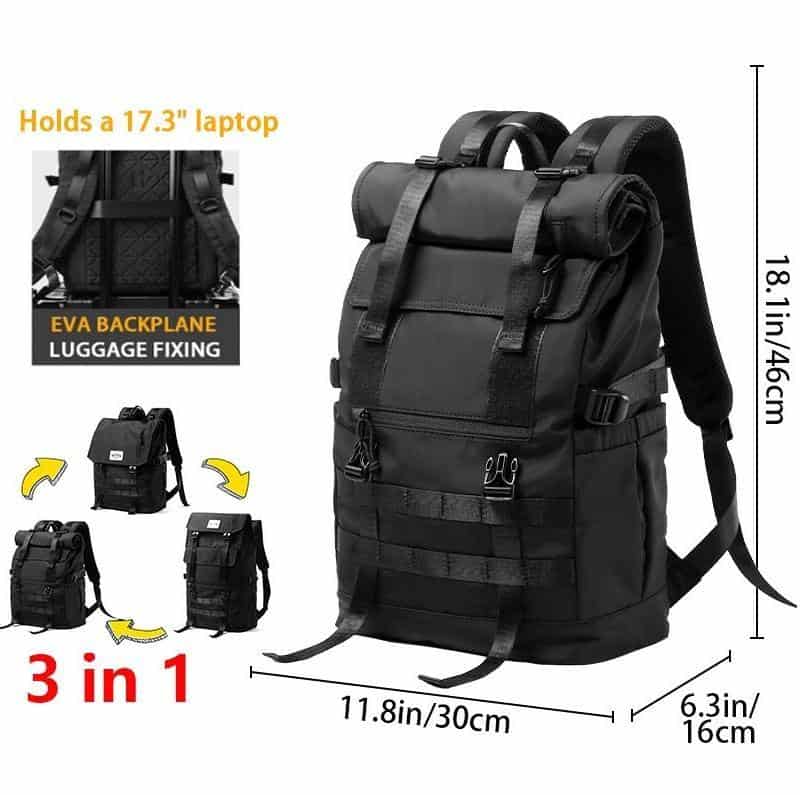 Backpack designed for travel and work, features a laptop compartment for 17.3-inch laptops, luggage fixing strap, and multiple storage pockets, ideal for professionals and travelers.