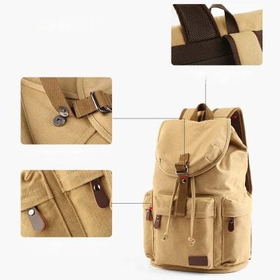 Durable beige canvas backpack with multiple zippered compartments, adjustable straps, and leather accent details for stylish, functional everyday use.