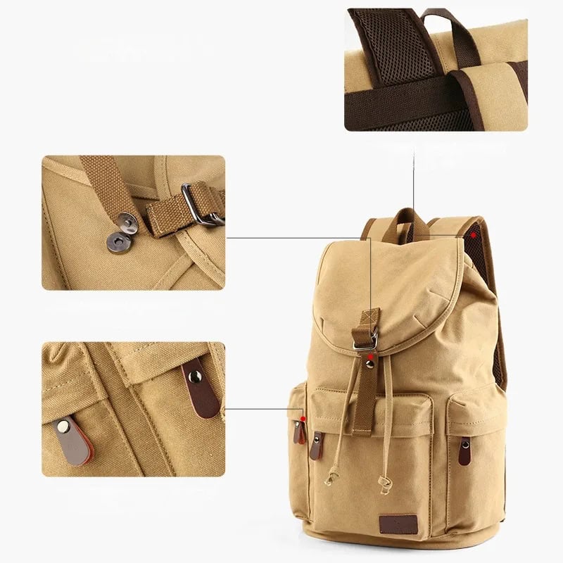Durable beige canvas backpack with multiple zippered compartments, adjustable straps, and leather accent details for stylish, functional everyday use.