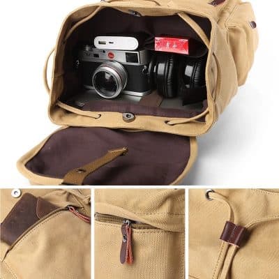 Camera bag with compartments for electronic accessories, including a camera, headphones, and an external hard drive, made of durable beige fabric. Perfect for photographers and travelers.
