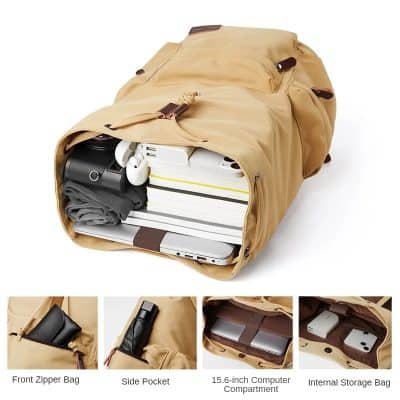 Durable beige travel backpack with multiple compartments ideal for laptops, electronics, and travel essentials, featuring organized storage and secure zippers for convenient trips.