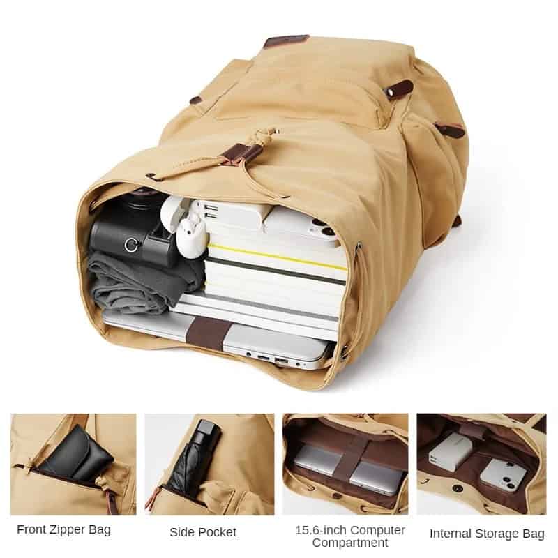 Durable beige travel backpack with multiple compartments ideal for laptops, electronics, and travel essentials, featuring organized storage and secure zippers for convenient trips.