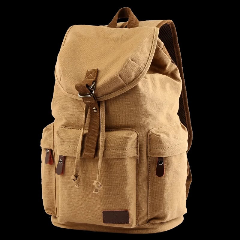 Comfortable beige canvas backpack with multiple pockets, durable design, and adjustable straps, ideal for travel, school, or daily use. Perfect for organized storage and stylish casual wear.