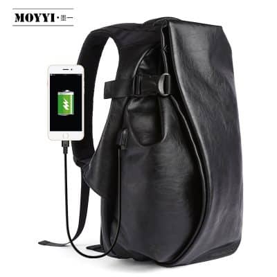 Portable charging backpack with phone charging port for travel and daily use, made of durable black leather, offers convenience for tech-savvy commuters and students seeking stylish, functional accessories for electronics.