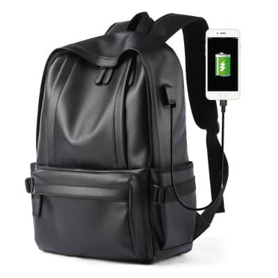 Backpack with built-in portable charger for convenient electronic device charging on the go. Sleek black design suitable for students and professionals.