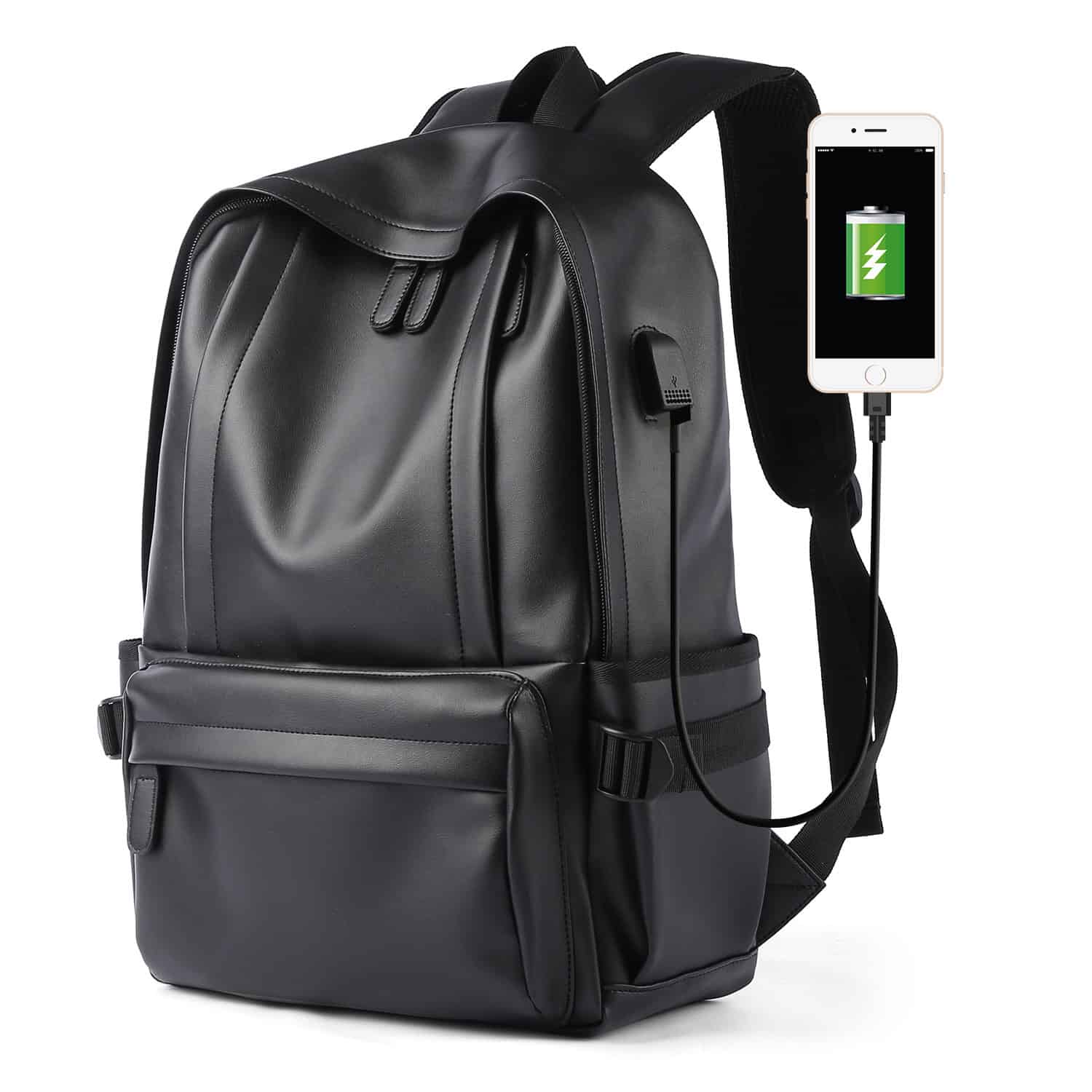 Backpack with built-in portable charger for convenient electronic device charging on the go. Sleek black design suitable for students and professionals.