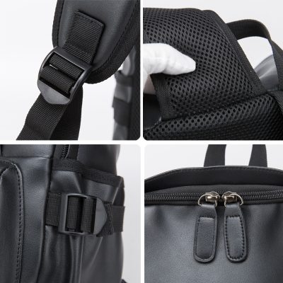 Bag strap buckle close-up, breathable padded backpack shoulder straps, side view of sleek black leather handbag with adjustable strap, and top zipper compartment with double zippers, all showcasing durable materials and functional design for professional or casual use.