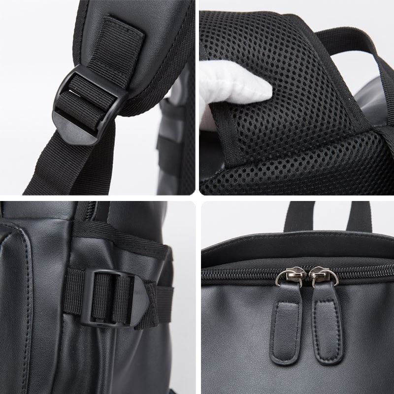 Bag strap buckle close-up, breathable padded backpack shoulder straps, side view of sleek black leather handbag with adjustable strap, and top zipper compartment with double zippers, all showcasing durable materials and functional design for professional or casual use.