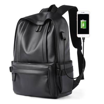 Backpack with built-in USB charging port, black leather, for tech-savvy professionals and travelers.