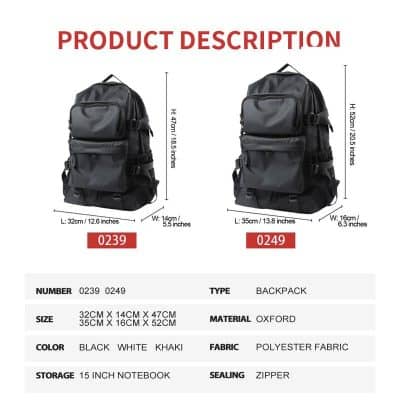 Durable black and khaki backpacks with polyester fabric, ideal for carrying notebooks and essentials, featuring multiple compartments and sturdy zippers, perfect for students and travelers.