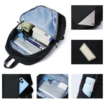 Multiple options for storing electronics and essentials in a stylish, practical backpack or bag. Suitable for students, travelers, or professionals needing organized compartments for gadgets, devices, and accessories.