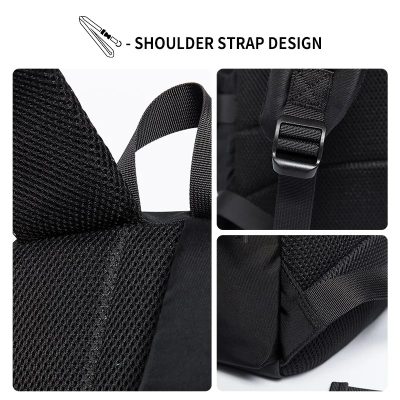 Durable black backpack with padded shoulder straps, adjustable buckle, and textured fabric, perfect for travel, work, or outdoor activities. Comfortable and functional design.