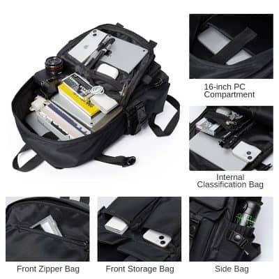 16-inch laptop compartment with padded protection for safe storage Compact internal classification bag for organizing electronics and accessories Durable black backpack with multiple compartments for tech gear, gadgets, and daily essentials Convenient front zipper pocket for quick access to small items and personal belongings Versatile side bag designed to securely carry water bottles, tools, or electronic accessories, ideal for travel and work.