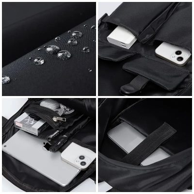 Water-resistant black backpack with multiple compartments for storing electronic devices and accessories. Ideal for daily use, travel, and work. Features organized pockets for smartphones, tablets, chargers, and more.