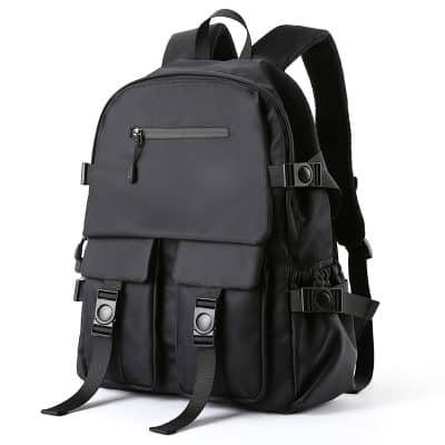 Durable black backpack with multiple compartments, adjustable straps, and secure buckles for everyday use and travel.