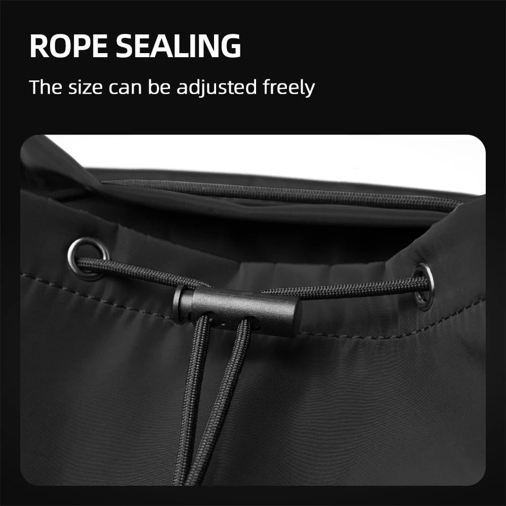 Adjustable black rope sealing with drawstring and metal eyelets, ideal for waterproof bags and outdoor gear. Flexible size, durable material, and secure closure for effective waterproof protection.
