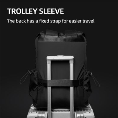 Lightweight black trolley backpack with adjustable straps, ideal for travel and storage, featuring a built-in trolley sleeve for easy rolling. Perfect for organizing essentials during trips.