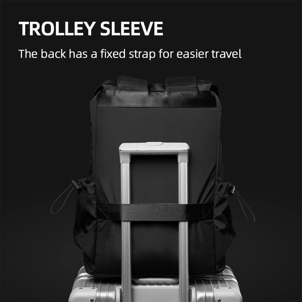 Lightweight black trolley backpack with adjustable straps, ideal for travel and storage, featuring a built-in trolley sleeve for easy rolling. Perfect for organizing essentials during trips.