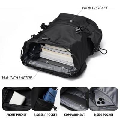 Lightweight black travel backpack with multiple compartments for laptop, phone, and accessories, ideal for students and professionals.