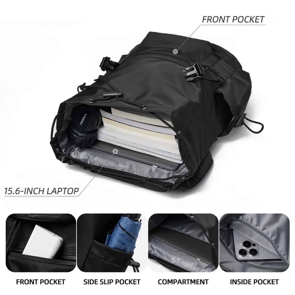 Lightweight black travel backpack with multiple compartments for laptop, phone, and accessories, ideal for students and professionals.